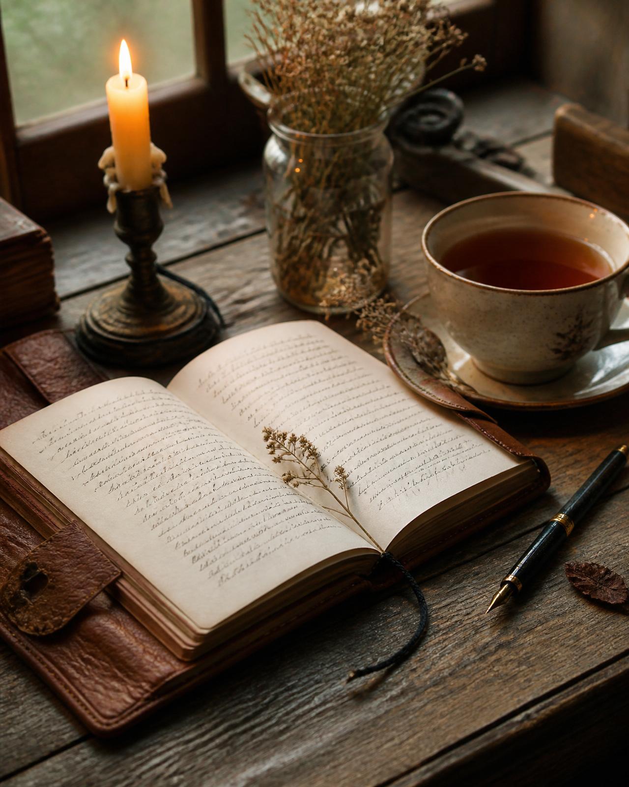 An open handwritten journal beside a candle and a cup of tea