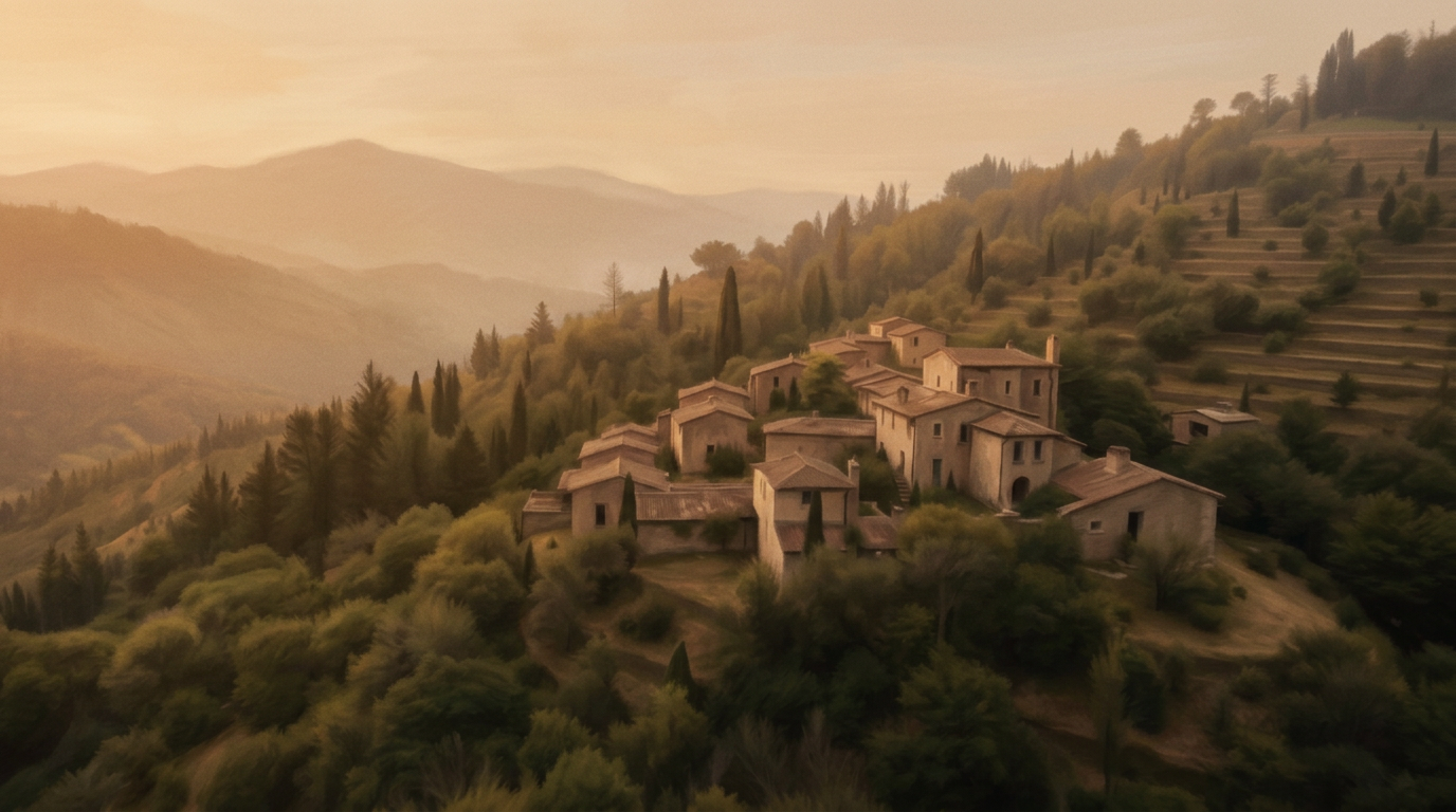 An old stone borgo nestled into a hazy Tuscan hillside at golden hour