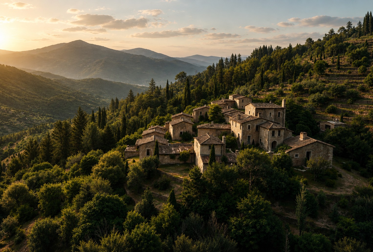 An old stone borgo nestled into a hazy Tuscan hillside at golden hour
